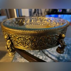 Vintage, Ormolu, Filigree, Jewelry Casket, Jewelry Box, Beveled Etched Glass Lid